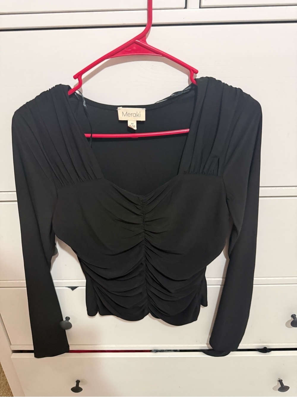 meraki Black Ruched Long-Sleeve Crop Top
